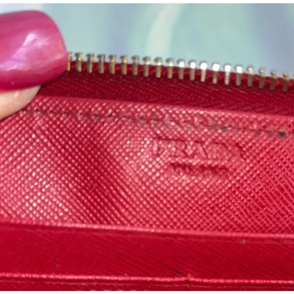 Prada Milano Red Saffiano Leather Bow Zip Around Wallet Quiet Luxury Designer